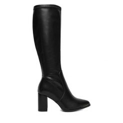 Kozaki DeeZee. Czarne kozaki damskie DeeZee, bez obcasa, na słupku, bez zapięcia. Za 229.99 zł.