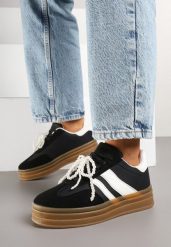 Czarne Sneakersy na Grubej Podeszwie z Ozdobnymi Odpinanymi Perłami Ajovia. Czarne obuwie sportowe damskie Renee, z jeansu, bez zapięcia. Za 89.99 zł.