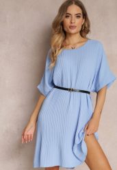 Niebieska Sukienka Mini Plisowana z Paskiem z Imitacji Skóry Dasima. Niebieskie sukienki damskie Renee, bez wzorów, ze skóry, bez ramiączek. W wyprzedaży za 67.99 zł.