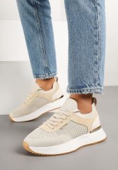 Beżowe Siateczkowe Sneakersy Dorami. Brązowe obuwie sportowe damskie Born2be, z jeansu, bez zapięcia. Za 84.99 zł.