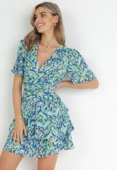 Niebieska Sukienka Mini z Gumkami w Pasie i Falbankami Tarria. Niebieskie sukienki damskie Born2be, bez wzorów, bez ramiączek. W wyprzedaży za 135.99 zł.