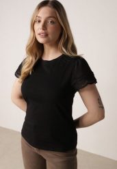 Czarny Bawełniany T-shirt z Koronkowymi Rękawami Carilynore. Czarne t-shirty damskie Born2be, m, bez wzorów, z bawełny, bez kołnierzyka. Za 59.99 zł.