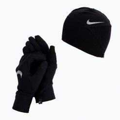 Zestaw czapka + rękawiczki damskie Nike Essential Running. Czarne czapki damskie Nike, bez wzorów. Za 252.50 zł.