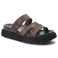 Klapki damskie Tamaris, cholewka ze skóry ekologicznej i materiału tekstylnego plecionego z szerokimi paskami zapinane na rzep, brązowe, 1-27422-46 3. Brązowe klapki damskie Tamaris, bez wzorów, ze skóry ekologicznej, bez obcasa, bez zapięcia. Za 249.00 zł.