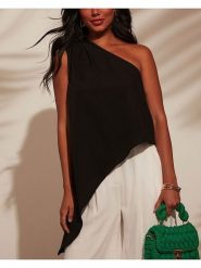 Milan Kiss Bluzka w kolorze czarnym rozmiar: M. Czarne bluzki damskie Milan Kiss, m, bez wzorów, z wiskozy, z asymetrycznym kołnierzem, bez ramiączek. Za 158.84 zł.