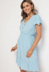 Niebieska Rozkloszowana Bawełniana Sukienka z Guzikami i Falbanami Natinema. Niebieskie sukienki damskie Born2be, bez wzorów, z bawełny, bez ramiączek. Za 49.99 zł.