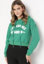 Zielona Bluza z Napisem i Kapturem Sallis. Zielone bluzy damskie Born2be, l, bez wzorów, z jeansu. Za 64.99 zł.