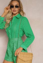 Zielona Koszula z Haftowanej Tkaniny w Stylu Boho Perphone. Zielone koszule damskie Renee, na lato, l, bez wzorów, z bawełny, boho, bez kołnierzyka, bez ramiączek. Za 54.99 zł.