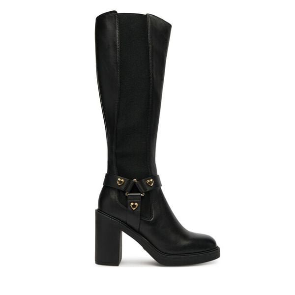 Kozaki LOVE MOSCHINO. Czarne kozaki damskie Love Moschino, bez obcasa, na słupku, bez zapięcia. Za 1,589.00 zł.