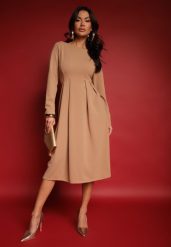 Ciemnobeżowa Rozkloszowana Sukienka w Eleganckim Stylu Temilissa. Brązowe sukienki damskie Renee, bez wzorów, biznesowe, bez ramiączek. W wyprzedaży za 99.99 zł.
