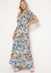 Niebieska Sukienka Bawełniana Rozkloszowana z Kopertowym Dekoltem we Wzór Paisley Varissa. Niebieskie sukienki damskie Born2be, bez wzorów, z bawełny, bez ramiączek. Za 79.99 zł.