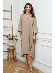 Joséfine Lniana sukienka w kolorze beżowym rozmiar: L. Brązowe sukienki damskie Joséfine, bez wzorów, ze lnu, bez ramiączek. Za 217.99 zł.