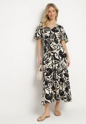 Czarna Rozkloszowana Sukienka z Wiskozy w Roślinny Wzór Ridiata. Czarne sukienki damskie Born2be, bez wzorów, z wiskozy, eleganckie, bez ramiączek. Za 89.99 zł.