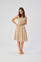 Beżowa Midi Sukienka Rozkloszowana bez Rękawów. Brązowe sukienki damskie MOE, bez wzorów, z elastanu, bez ramiączek. Za 345.90 zł.