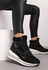 Czarne Sneakersy na Koturnie z Metalicznymi Wstawkami i Sztucznym Futerkiem Lerilanes. Czarne obuwie sportowe damskie Renee, z materiału, bez zapięcia. Za 119.99 zł.