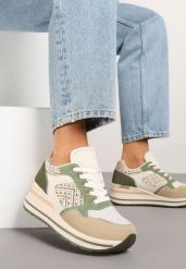Ciemnobeżowe Sneakersy na Koturnie z Geometrycznym Wzorem i Brokatem Tillineira. Brązowe obuwie sportowe damskie Renee, z jeansu, bez zapięcia. Za 79.99 zł.
