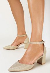 Złote Eleganckie Czółenka na Słupku z Brokatem i Sprzączką Evadora. Żółte czółenka damskie Born2be, bez wzorów, bez obcasa, na słupku. Za 74.99 zł.