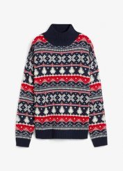 Sweter bożonarodzeniowy z golfem. Niebieskie golfy damskie bonprix, bez kołnierzyka. Za 109.99 zł.