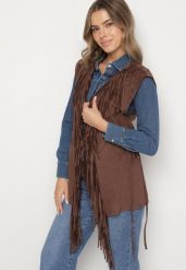 Brązowa Kamizelka w Stylu Boho z Frędzlami i Gorsetowymi Wiązaniami Salenorra. Brązowe kamizelki damskie Born2be, m, bez wzorów, z jeansu, bez kaptura. Za 159.99 zł.