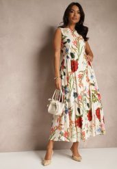 Beżowa Rozkloszowana Sukienka z Bawełny w Kwiatowy Wzór Ilanis. Brązowe sukienki damskie Renee, bez wzorów, z bawełny, eleganckie, bez ramiączek. W wyprzedaży za 135.99 zł.