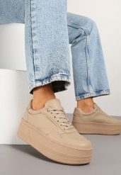 Ciemnobeżowe Sneakersy na Platformie Ozdobionej Tłoczeniem Vaiviera. Brązowe obuwie sportowe damskie Renee, z jeansu, bez zapięcia, trekkingowe. Za 74.99 zł.