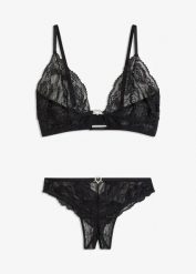 "Biustonosz bralette + stringi ""ouvert"" (2 części)". Czarne komplety bielizny bonprix, bez wzorów. Za 124.99 zł.