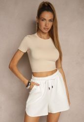 Beżowy Dopasowany T-shirt z Wiskozą o Kroju Crop Top Folaviela. Brązowe t-shirty damskie Renee, m, bez wzorów, z jeansu, bez kołnierzyka. Za 39.99 zł.