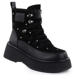 Skórzane botki damskie z cyrkoniami na platformie czarne Goe SS2N4140. Czarne botki damskie GOE, z materiału, eleganckie, bez obcasa, na platformie, bez zapięcia. Za 479.99 zł.