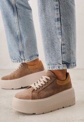 Brązowe Zamszowe Sneakersy na Grubej Podeszwie Latella. Brązowe obuwie sportowe damskie Born2be, z jeansu, bez zapięcia. Za 199.99 zł.