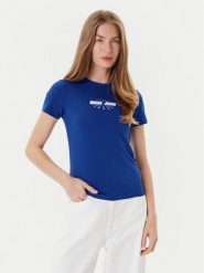 Guess Jeans T-Shirt W5YI04 J1314 Niebieski Slim Fit. Niebieskie t-shirty damskie Guess Jeans, s, z aplikacjami, z bawełny, bez kołnierzyka. Za 79.99 zł.