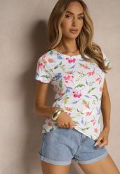 Biały T-shirt z Bawełny Zdobiony Nadrukiem Zarinela. Brązowe t-shirty damskie Renee, l, z aplikacjami, z bawełny, bez kołnierzyka. Za 29.99 zł.