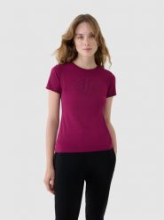 4F T-shirt slim z nadrukiem damski - fioletowy XS. Fioletowe t-shirty damskie 4F, xs, bez wzorów, z bawełny, bez kołnierzyka. W wyprzedaży za 39.99 zł.