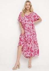 Różowa Wiskozowa Sukienka z Krótkim Rękawem i Falbanką Cindabella. Czerwone sukienki damskie Born2be, bez wzorów, z wiskozy, eleganckie, bez ramiączek. Za 79.99 zł.
