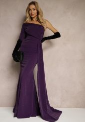 Ciemnofioletowa Wieczorowa Sukienka Asymetryczna na Jedno Ramię z Trenem i Metaliczną Nicią Emivonia. Fioletowe sukienki damskie Renee, bez wzorów, eleganckie, bez ramiączek. W wyprzedaży za 167.99 zł.