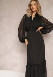 Czarna Rozkloszowana Sukienka Maxi ze Stójką i Falbanką Camillene. Czarne sukienki damskie Renee, bez wzorów, bez ramiączek. W wyprzedaży za 143.99 zł.