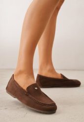 Brązowe Mokasyny VICES z Wkładką ze Skóry Naturalnej i Metalicznym Elementem Alcimene. Brązowe mokasyny damskie Renee, z materiału, z okrągłym noskiem, bez obcasa. Za 79.99 zł.