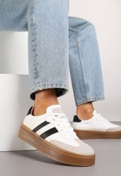 Biało-Czarne Sneakersy na Kauczukowej Podeszwie Ozdobione Paskami Nilimea. Białe obuwie sportowe damskie Renee, z jeansu, bez zapięcia. Za 79.99 zł.
