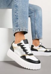 Biało-Czarne Sneakersy na Platformie z Tłoczeniem Ozdobione Panterką i Perforacją Udivaya. Białe obuwie sportowe damskie Renee, na lato, z jeansu, bez zapięcia. Za 79.99 zł.