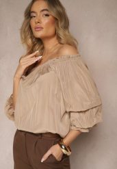 Brązowa Bluzka z Wiskozą Ozdobiona Falbanami Melzivia. Brązowe bluzki damskie Renee, bez wzorów, z wiskozy, eleganckie, bez kołnierzyka, bez ramiączek. Za 44.99 zł.