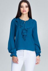Morska Wizytowa Bluzka z Falbankami przy Dekolcie. Zielone bluzki damskie Figl, xl, bez wzorów, z elastanu, wizytowe, bez kołnierzyka, bez ramiączek. Za 179.00 zł.