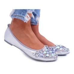PS1 Baleriny Damskie z Kamieniami Srebrne Crystal szare. Szare balerinki damskie bez wzorów. Za 155.14 zł.