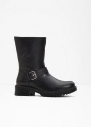 Kozaki. Czarne kozaki damskie bonprix, na zimę, bez obcasa, bez zapięcia. Za 149.99 zł.