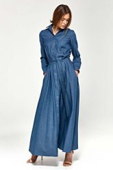 Jeansowa Koszulowa Sukienka Maxi z Długim Rękawem. Niebieskie sukienki damskie Nife, bez wzorów, z bawełny, bez ramiączek. Za 348.90 zł.