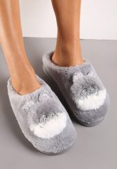 Szare Płaskie Kapcie z Aplikacją 3D w Kształcie Króliczka Munere. Szare kapcie damskie Renee. Za 24.99 zł.