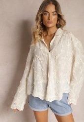 Beżowa Koszula z Dodatkiem Bawełny o Trapezowym Kroju Ozdobiona Haftem Elidra. Brązowe koszule damskie Renee, bez wzorów, z bawełny, eleganckie, bez kołnierzyka, bez ramiączek. Za 199.99 zł.