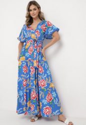 Niebieska Sukienka Maxi z Gumką w Talii z Szerokimi Rękawami i Kwiatowym Printem Nodriala. Niebieskie sukienki damskie Born2be, bez wzorów, bez ramiączek. Za 99.99 zł.