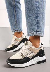 Beżowo-Czarne Sznurowane Sneakersy na Niskim Koturnie Xanthema. Brązowe obuwie sportowe damskie Born2be, z materiału, bez zapięcia. Za 129.99 zł.