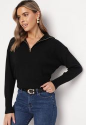 Czarny Sweter z Golfem Zapinanym na Zamek Tihanas. Czarne golfy damskie Born2be, m, bez kołnierzyka. Za 84.99 zł.