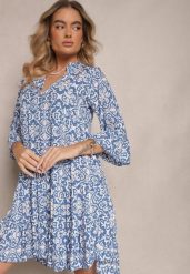 Niebieska Rozkloszowna Sukienka z Bawełny w Ornamentalny Wzór z Falbaną Lanariella. Niebieskie sukienki damskie Renee, bez wzorów, z bawełny, bez ramiączek. W wyprzedaży za 43.99 zł.