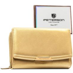 Portfel damski ze skóry ekologicznej w ciemnobeżowym kolorze, wyposażony w system RFID - Peterson. Brązowe portfele damskie Peterson, bez wzorów, ze skóry ekologicznej. Za 94.99 zł.